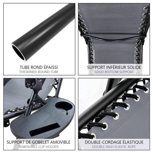 Chaise Longue Inclinable En Textilene Avec Porte Gobelet Et Portable Gris Lot De 2