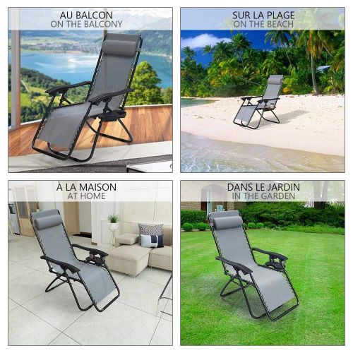 Chaise Longue Inclinable En Textilene Avec Porte Gobelet Et Portable Gris Lot De 2