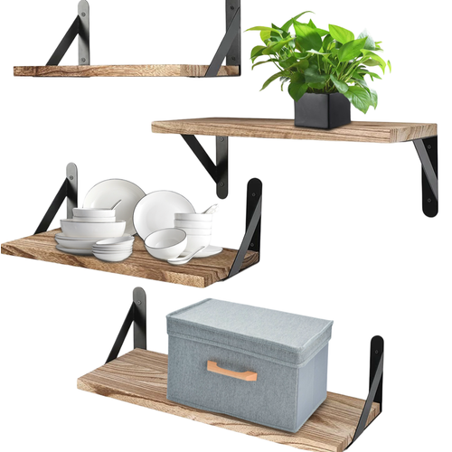 Lot De 4 Étagères Murales 42x15,5 Cm, Étagère De Rangement, Supports En Fer Noir, Bois, Naturel
