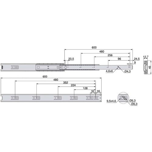 Paire De Coulisses à Billes Pour Tiroirs à Sortie Totale 45 Mm Longueur 60 Cm