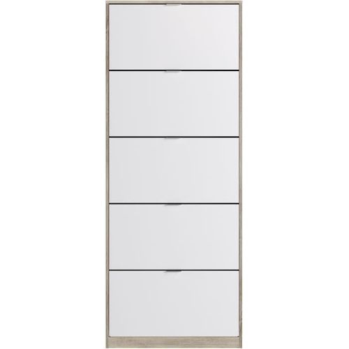 Meuble à Chaussures - 5 Portes - Chêne Et Blanc - 75x24x190 Cm - Leona