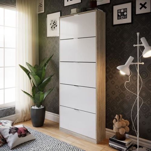 Meuble à Chaussures - 5 Portes - Chêne Et Blanc - 75x24x190 Cm - Leona