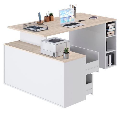 Bureau d'angle avec rangements imitation chêne et blanc WRITE