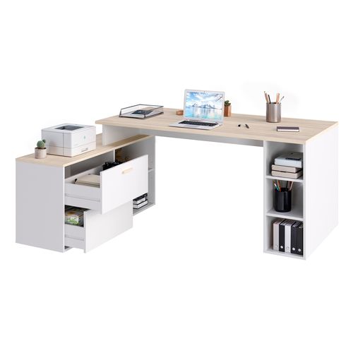 Bureau d'angle avec rangements imitation chêne et blanc WRITE