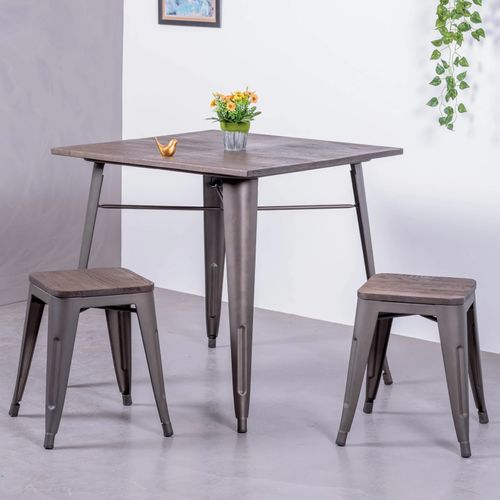 Table Industrielle En Acier Et Bois Foncé - Bistro, Métal-foncé, H.78cm, L.80cm, P.80cm