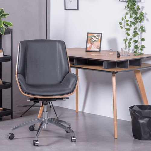 Chaise De Bureau En Noyer Et Recouverte De Cuir Italien - Nordic, Noir, H.88cm, L.60cm, P.60cm