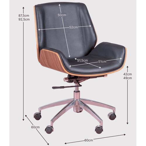 Chaise De Bureau En Noyer Et Recouverte De Cuir Italien - Nordic, Noir, H.88cm, L.60cm, P.60cm