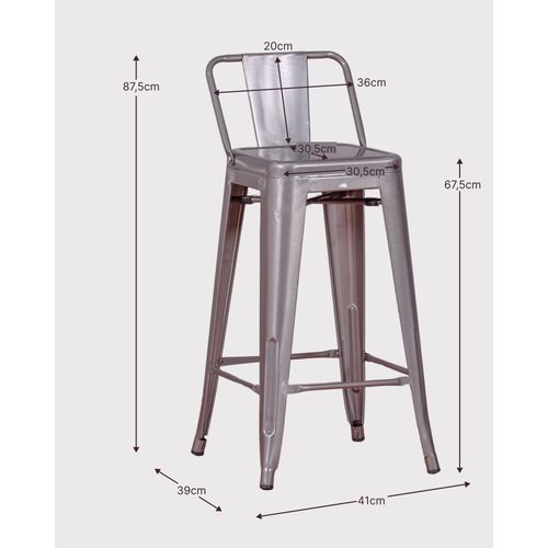 Tabouret Industriel En Métal à Dossier Bas  - Bistro, Métal-clair, H.88cm, L.41cm, P.39cm