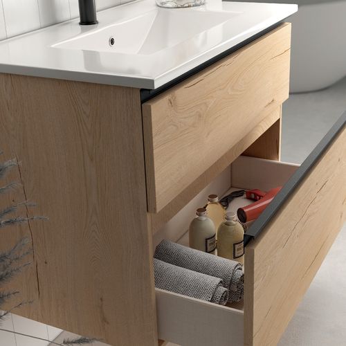 Meuble De Salle De Bain 80 Cm Simple Vasque - 2 Tiroirs - Crema