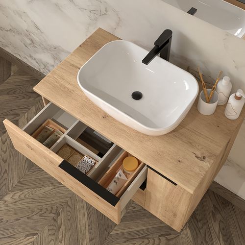 Meuble De Salle De Bain 80cm Vasque Déportée - 2 Tiroirs - Sans Miroir - King - Roble (chêne Clair)