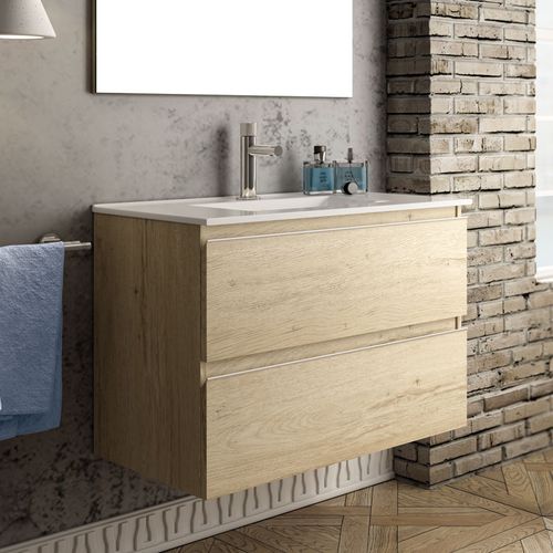Meuble De Salle De Bain 80cm Simple Vasque - 2 Tiroirs - Sans Miroir - Balea - Bambou (chêne Clair)