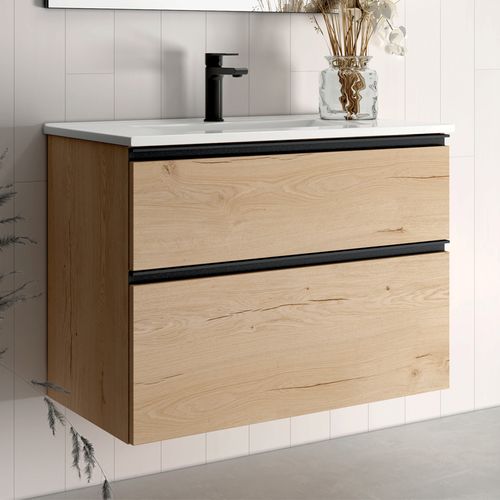 Meuble De Salle De Bain 80 Cm Simple Vasque - 2 Tiroirs - Sans Miroir - Crema