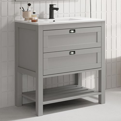 Meuble De Salle De Bain 80 Cm Simple Vasque - Pin Massif - 2 Tiroirs - Sans Miroir - Pyla - Gris