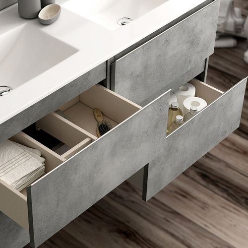 Meuble De Salle De Bain 120cm Double Vasque + Colonne De Rangement - Balea - Ciment (gris)