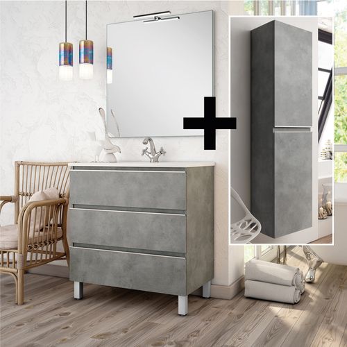 Meuble De Salle De Bain 80cm Simple Vasque + Colonne De Rangement Palma - Ciment (gris)