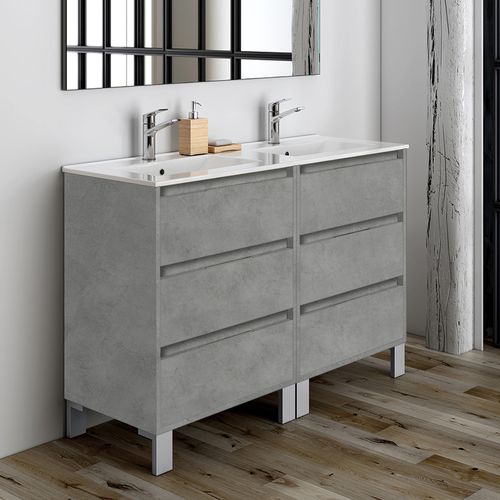 Ensemble Meuble De Salle De Bain 120cm Double Vasque + Colonne De Rangement Tiris - Ciment (gris)