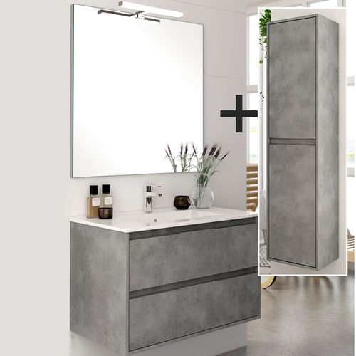 Meuble De Salle De Bain 80cm Simple Vasque + Colonne De Rangement Iris - Ciment (gris)