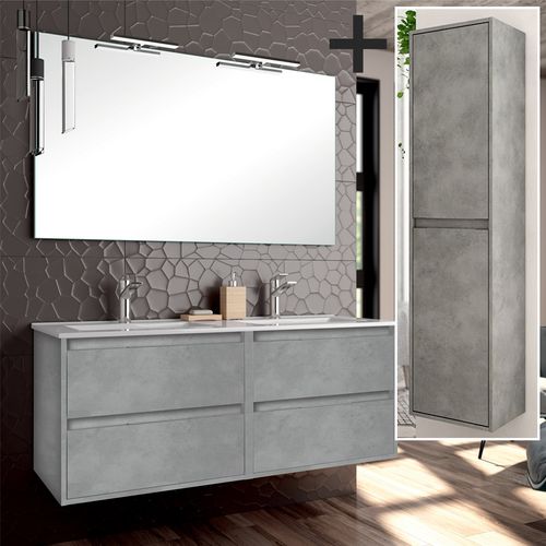Meuble De Salle De Bain 120cm Double Vasque + Colonne De Rangement Iris - Ciment (gris)