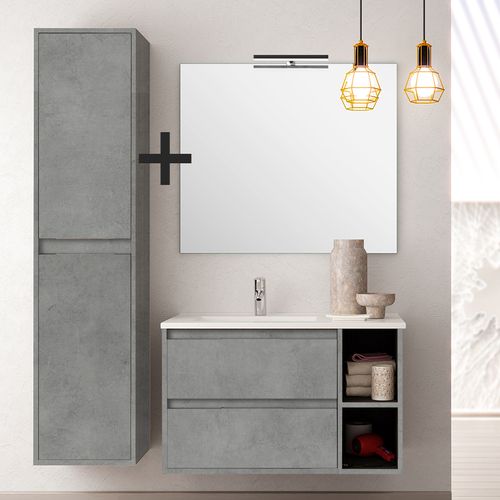 Ensemble Meuble De Salle De Bain 80cm Vasque Déportée + Colonne De Rangement Olympe - Ciment (gris)