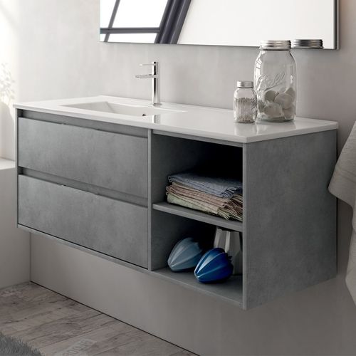 Ensemble Meuble De Salle De Bain 120cm Vasque Déportée + Colonne De Rangement Olympe - Ciment (gris)