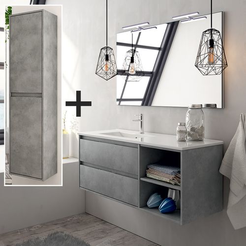 Ensemble Meuble De Salle De Bain 120cm Vasque Déportée + Colonne De Rangement Olympe - Ciment (gris)