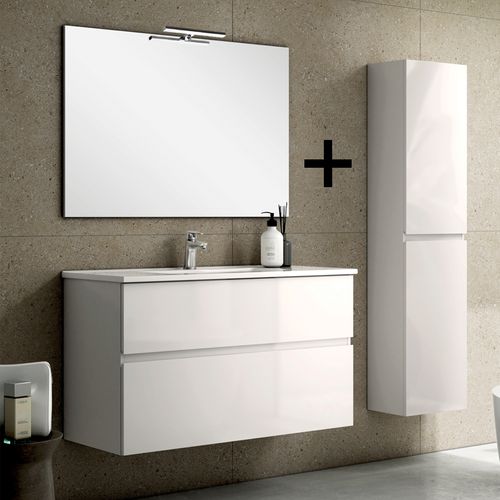 Meuble De Salle De Bain 80cm Simple Vasque + Colonne De Rangement Mig - Blanc