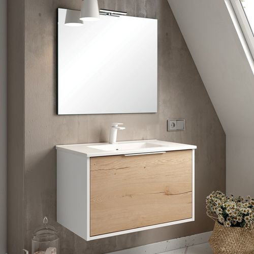 Meuble De Salle De Bain 80cm Simple Vasque - 1 Façade Et 2 Tiroirs - Alba - Blanc/roble