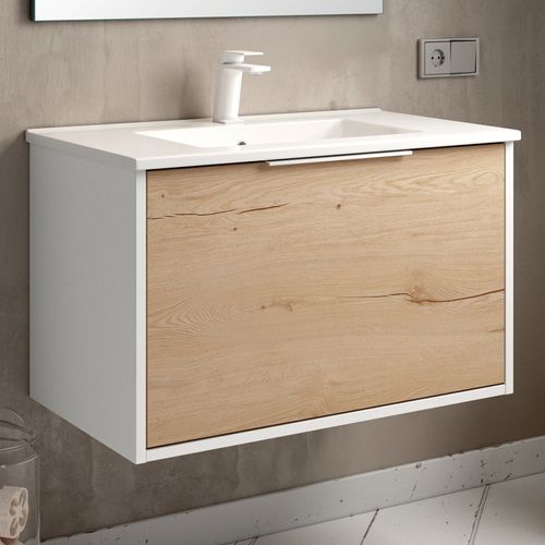 Meuble De Salle De Bain 80cm Simple Vasque - Sans Miroir - Alba - Blanc/roble