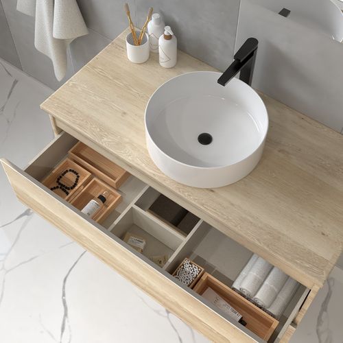 Meuble De Salle De Bain  Avec Vasque à Poser Ronde Et Miroir Avec Applique Balea - Blanc - 80cm