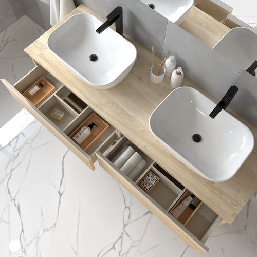 Meuble De Salle De Bain Avec Vasques à Bords Arrondies Balea Et Miroir Appliques - Blanc - 120cm