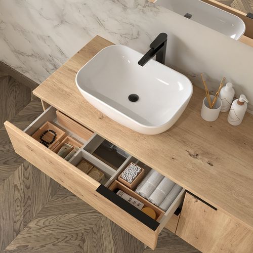 Meuble De Salle De Bain 100 Cm Vasque Déportée - 2 Tiroirs - King Et Miroir LED Stam