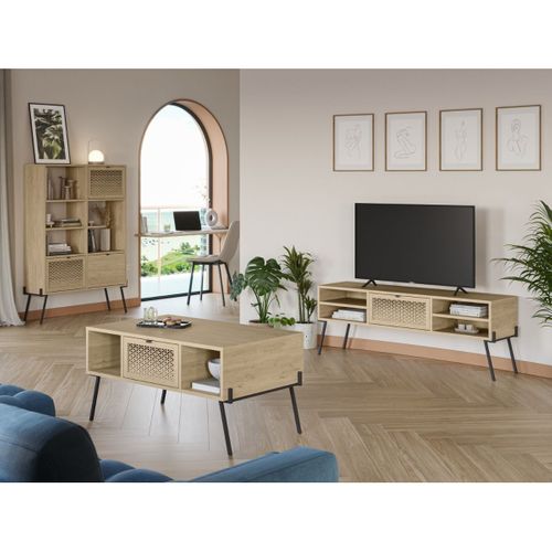 Meuble TV 1 Porte, 4 Niches Décor Chêne Et Pieds En Métal - L140 Cm