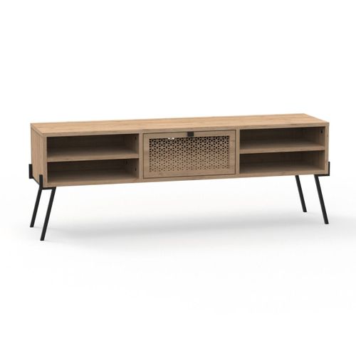 Meuble TV 1 Porte, 4 Niches Décor Chêne Et Pieds En Métal - L140 Cm