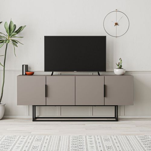 Meuble TV 4 Portes Couleur Moka Et Pieds En Métal - L140 Cm