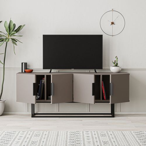 Meuble TV 4 Portes Couleur Moka Et Pieds En Métal - L140 Cm