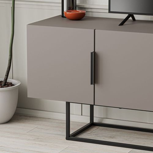 Meuble TV 4 Portes Couleur Moka Et Pieds En Métal - L140 Cm