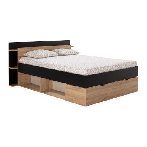 Lit 140x190 cm avec rangements ALBAN imitation noir/chêne