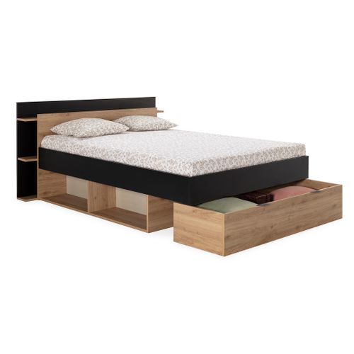 Lit 140x190 cm avec rangements ALBAN imitation noir/chêne