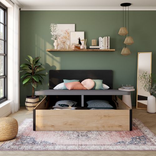 Lit coffre 160x200 cm BROOKLYN imitation chêne/noir