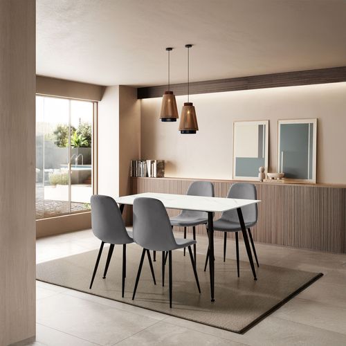 Ensemble table + 4 chaises MINKA en tissu velours côtelé gris