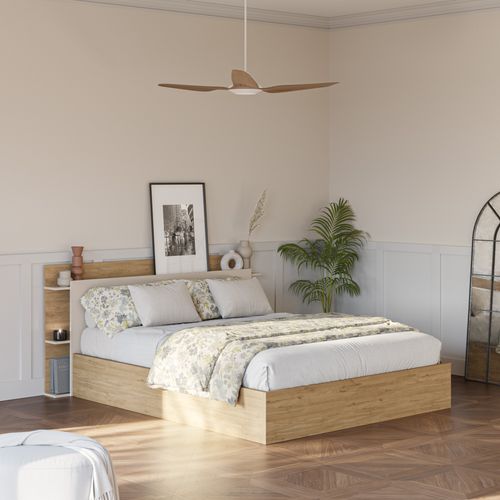 Lit coffre avec sommier relevable 140x190 cm AMELIE imitation chêne et crème