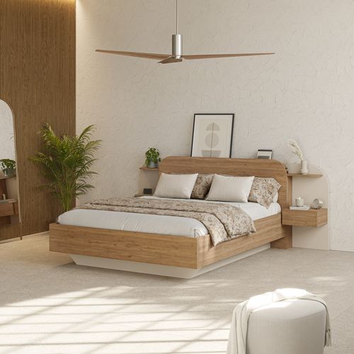 Lit 140x190cm chevets intégrés DORIAN imitation chêne et crême