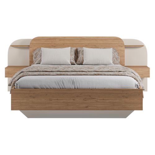 Lit 140x190cm chevets intégrés DORIAN imitation chêne et crême