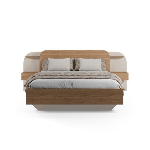 Lit 160x200cm chevets intégrés DORIAN imitation chêne et crême