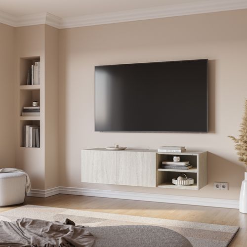 Meuble TV 140cm suspendu CHARLES effet travertin
