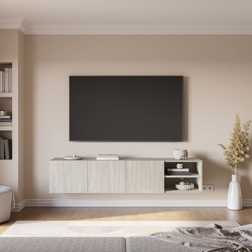 Meuble TV 180cm suspendu CHARLES effet travertin