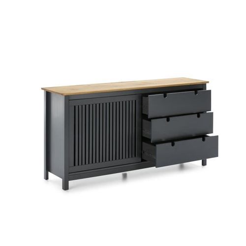 Valentina Buffet Bas 1 Porte 3 Tiroirs - Décor Chene Et Anthracite -  L 150 X P 40 X H 80 Cm