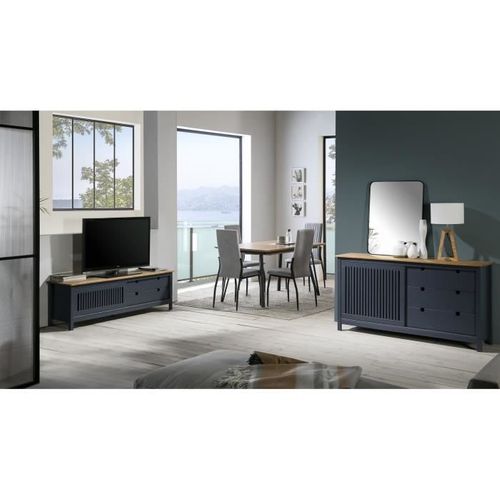 Valentina Buffet Bas 1 Porte 3 Tiroirs - Décor Chene Et Anthracite -  L 150 X P 40 X H 80 Cm