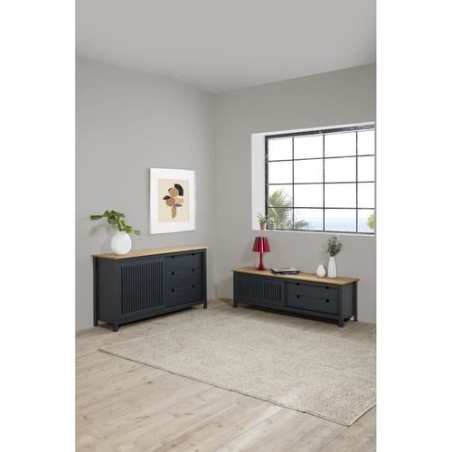 Valentina Buffet Bas 1 Porte 3 Tiroirs - Décor Chene Et Anthracite -  L 150 X P 40 X H 80 Cm
