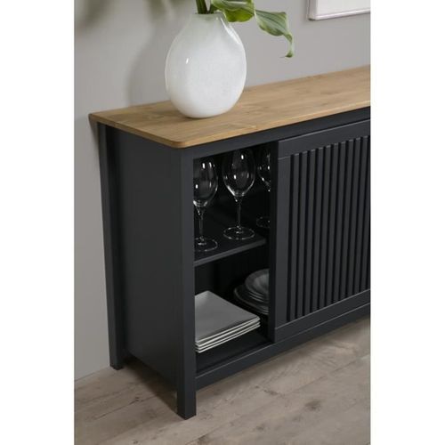 Valentina Buffet Bas 1 Porte 3 Tiroirs - Décor Chene Et Anthracite -  L 150 X P 40 X H 80 Cm